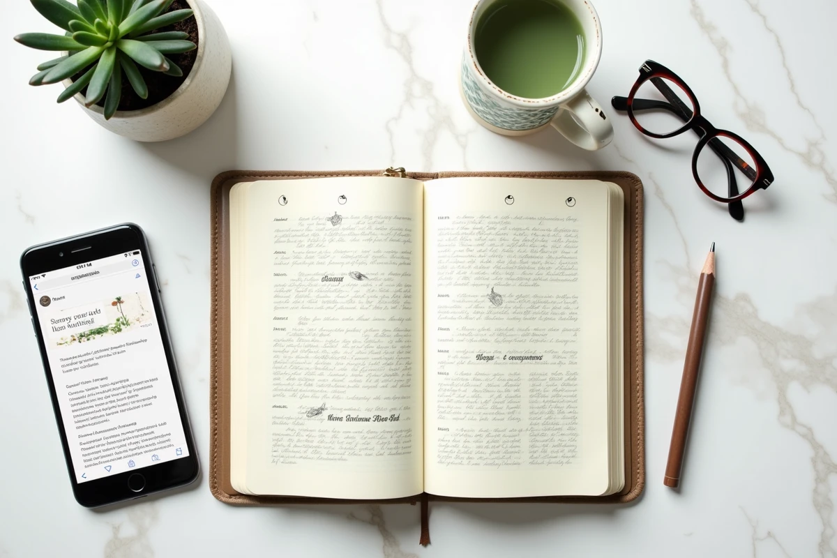 Vue à plat d'un bureau minimaliste avec journal de nature annoté, smartphone affichant un site de science et accessoires botaniques