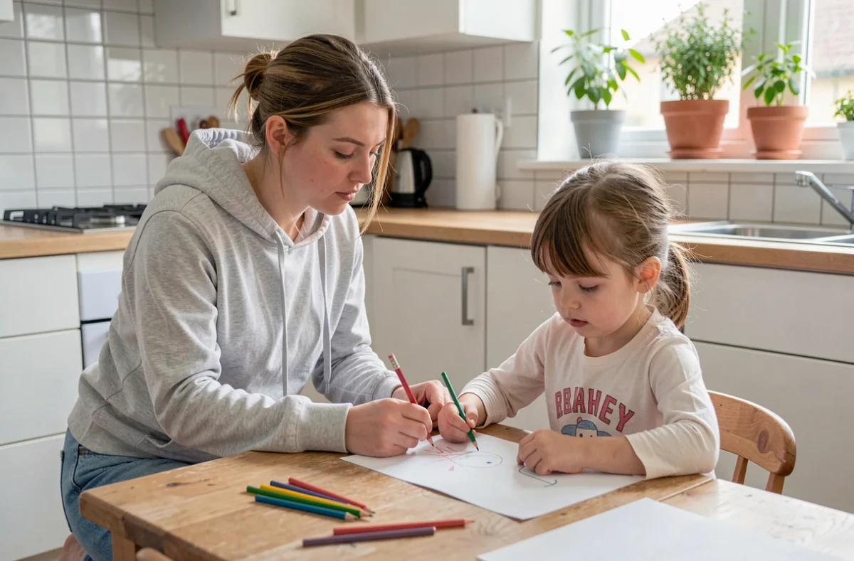 Assistante maternelle aidant une petite fille à faire des activités créatives dans une cuisine familiale moderne