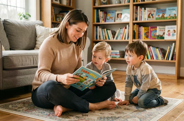 Nounou professionnelle lisant un livre illustré à deux jeunes enfants sur un tapis dans un salon familial chaleureux