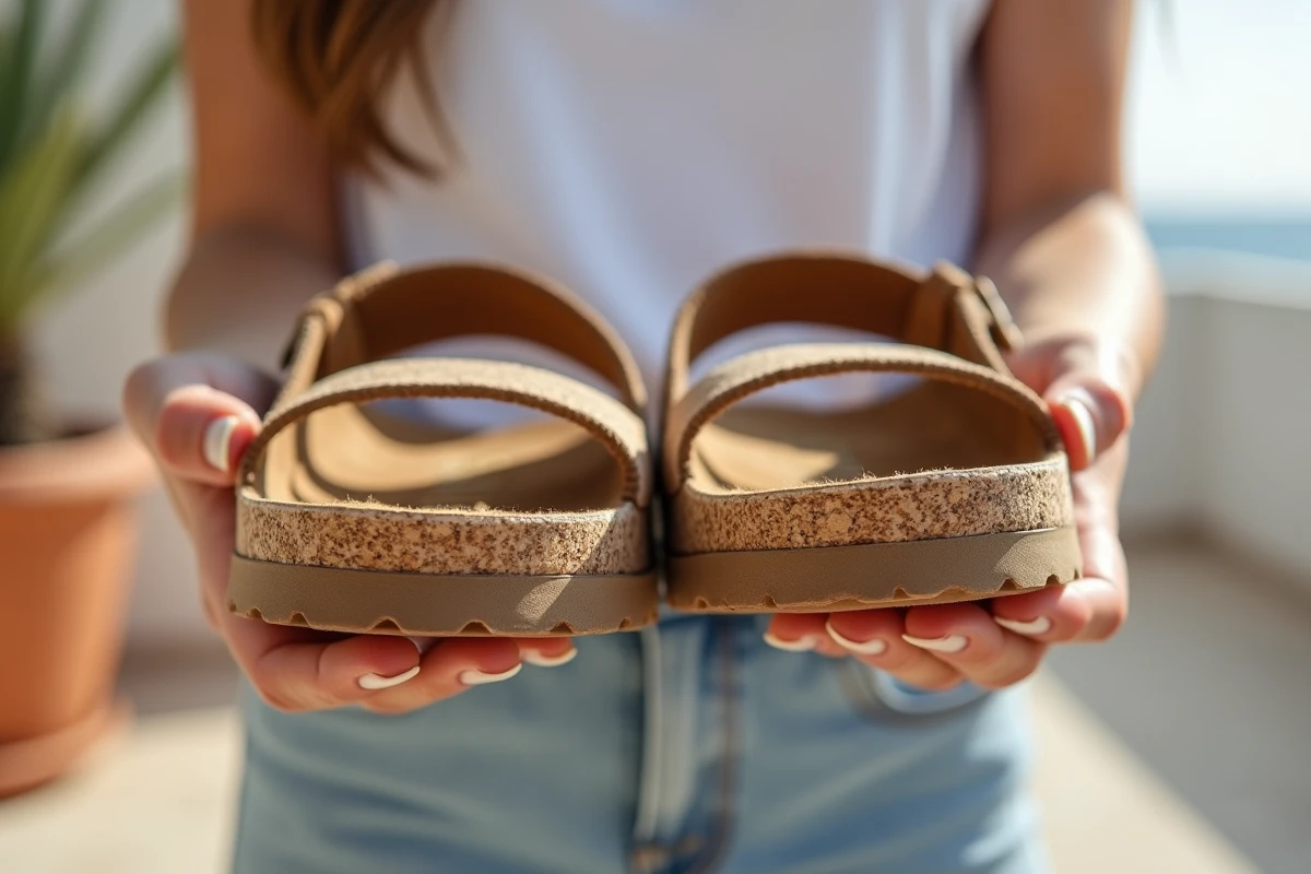 Gros plan comparatif des semelles d'une sandale Birkenstock et d'une sandale Bayton tenues à la main, terrasse méditerranéenne en arrière-plan