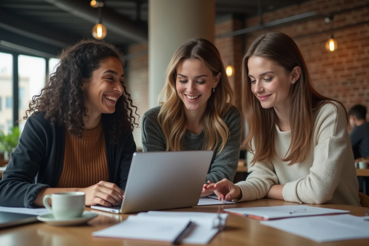 Groupe de jeunes professionnels discutant dans un café urbain