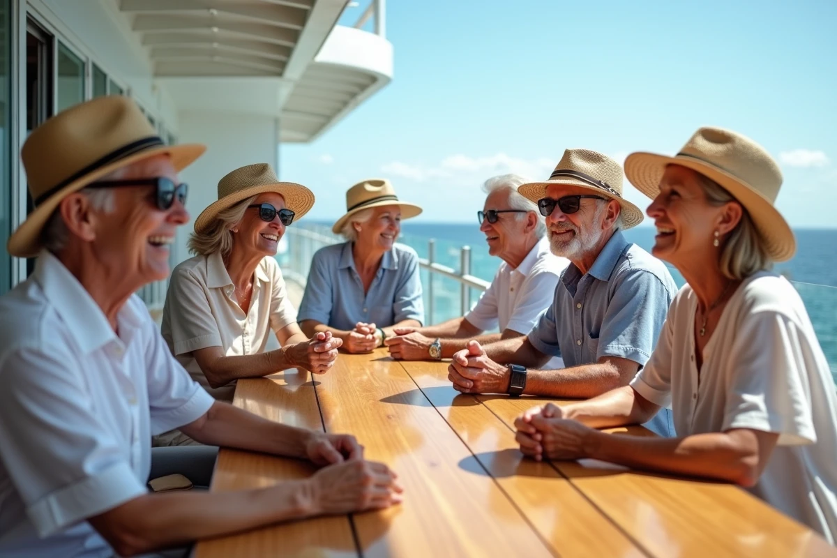 Groupe de seniors riant sur la terrasse d