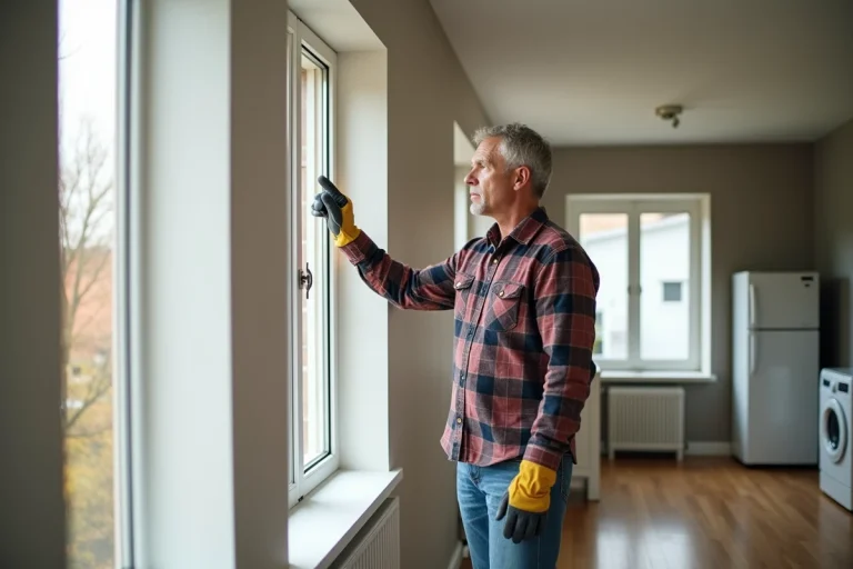 Homme examine une fenetre isolante dans une maison renovée