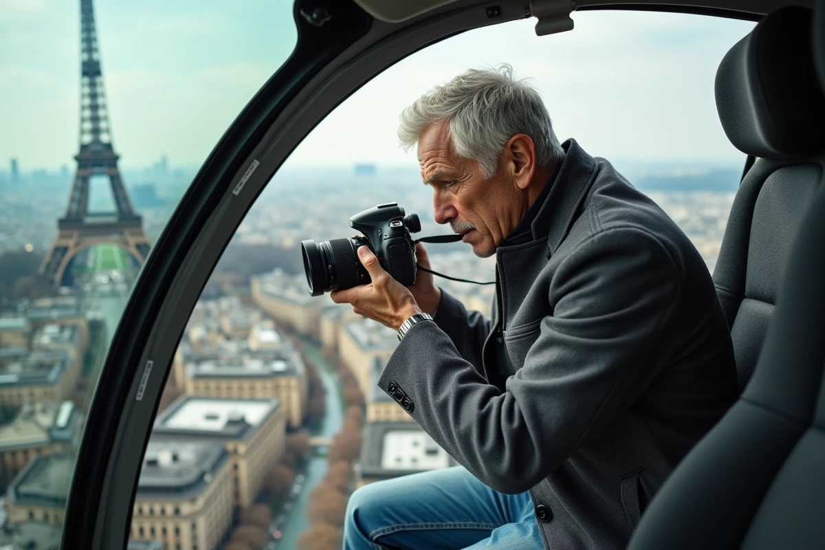Homme photographiant Paris depuis le cockpit d’un hélicoptere