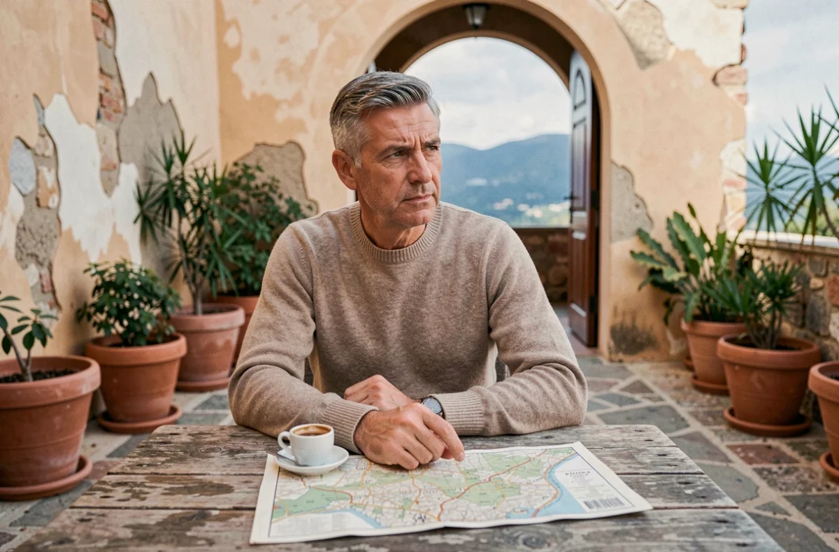 Man traveling planning his itinerary on a Mediterranean terrace, symbolizing the cognitive stimulation related to exploration
