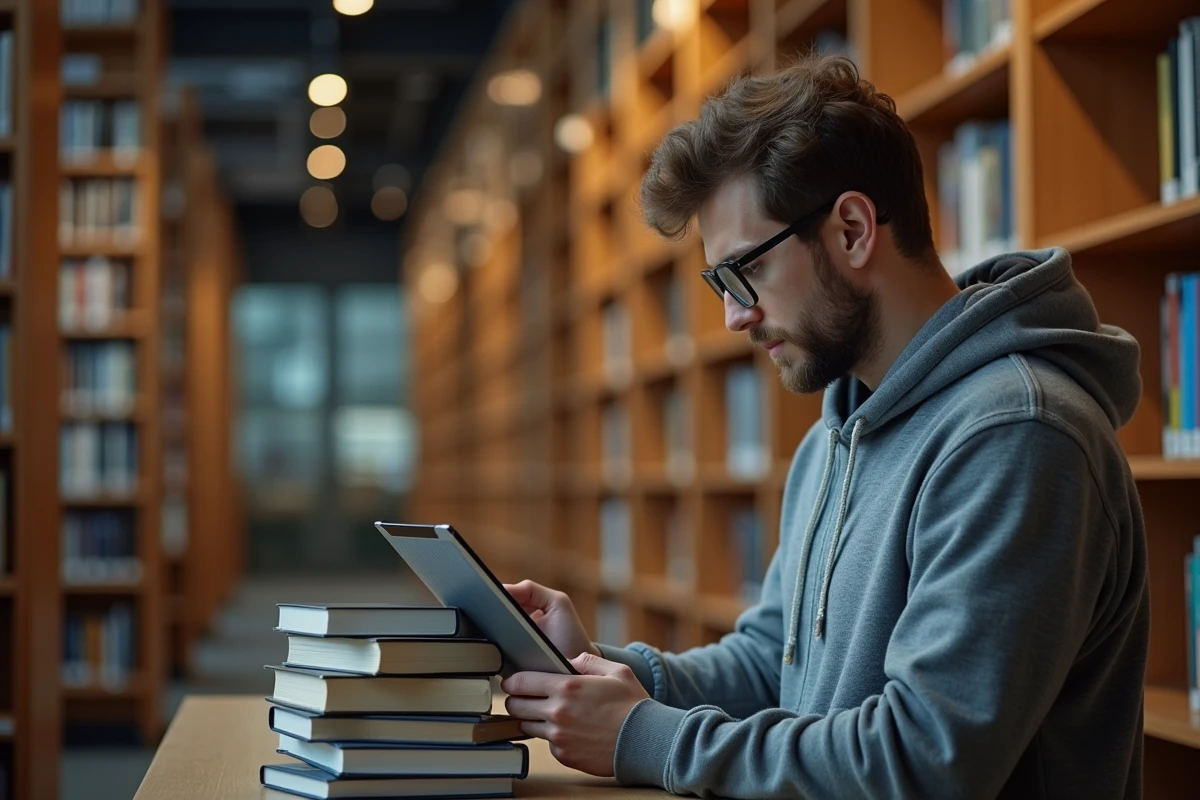 Homme consultant un blog scientifique sur tablette dans une bibliothèque universitaire entourée de livres de biologie