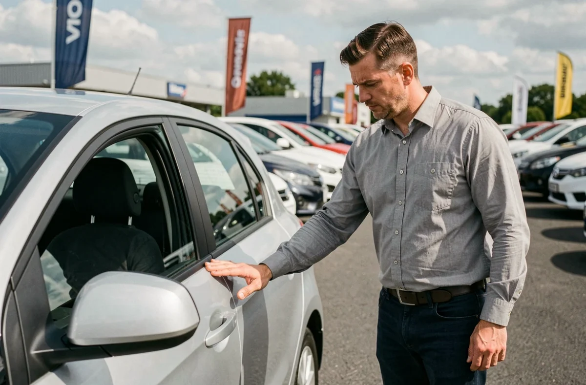 Un homme inspecte attentivement la carrosserie d'une voiture d'occasion dans un parc automobile