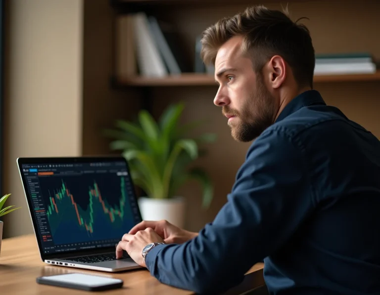 Investisseur analysant des graphiques boursiers sur ordinateur portable pour optimiser ses achats programmés sur Air Liquide