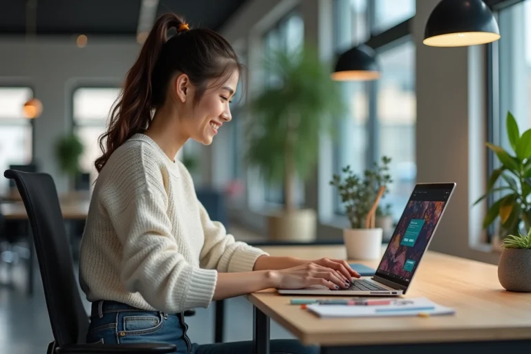 Jeune femme souriante travaillant sur un ordinateur dans un bureau moderne