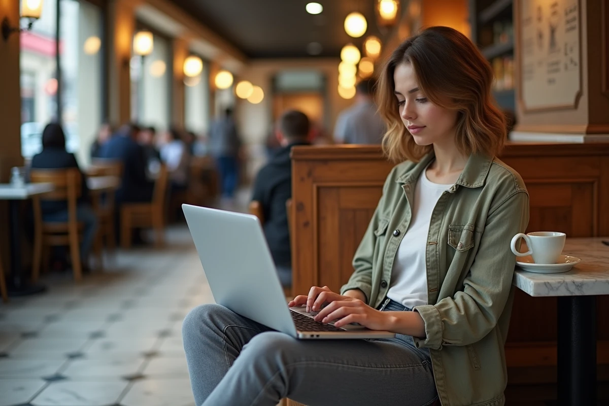 Jeune femme dans un café parisien consultant un site de correction grammaticale française sur son ordinateur portable