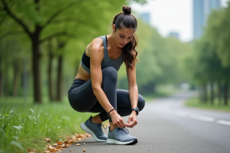 Jeune femme en tenue de sport attachant ses chaussures dans un parc urbain