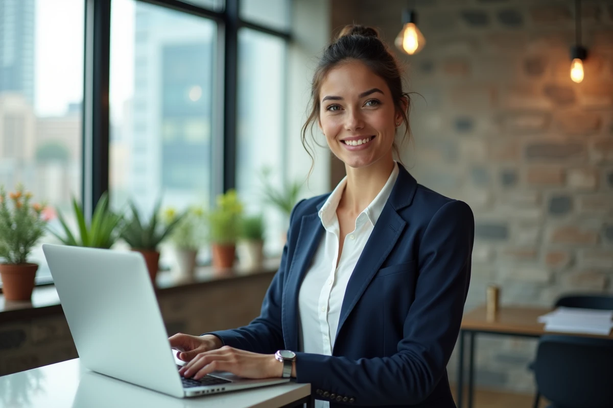 Jeune entrepreneure utilisant un ordinateur dans un espace de coworking