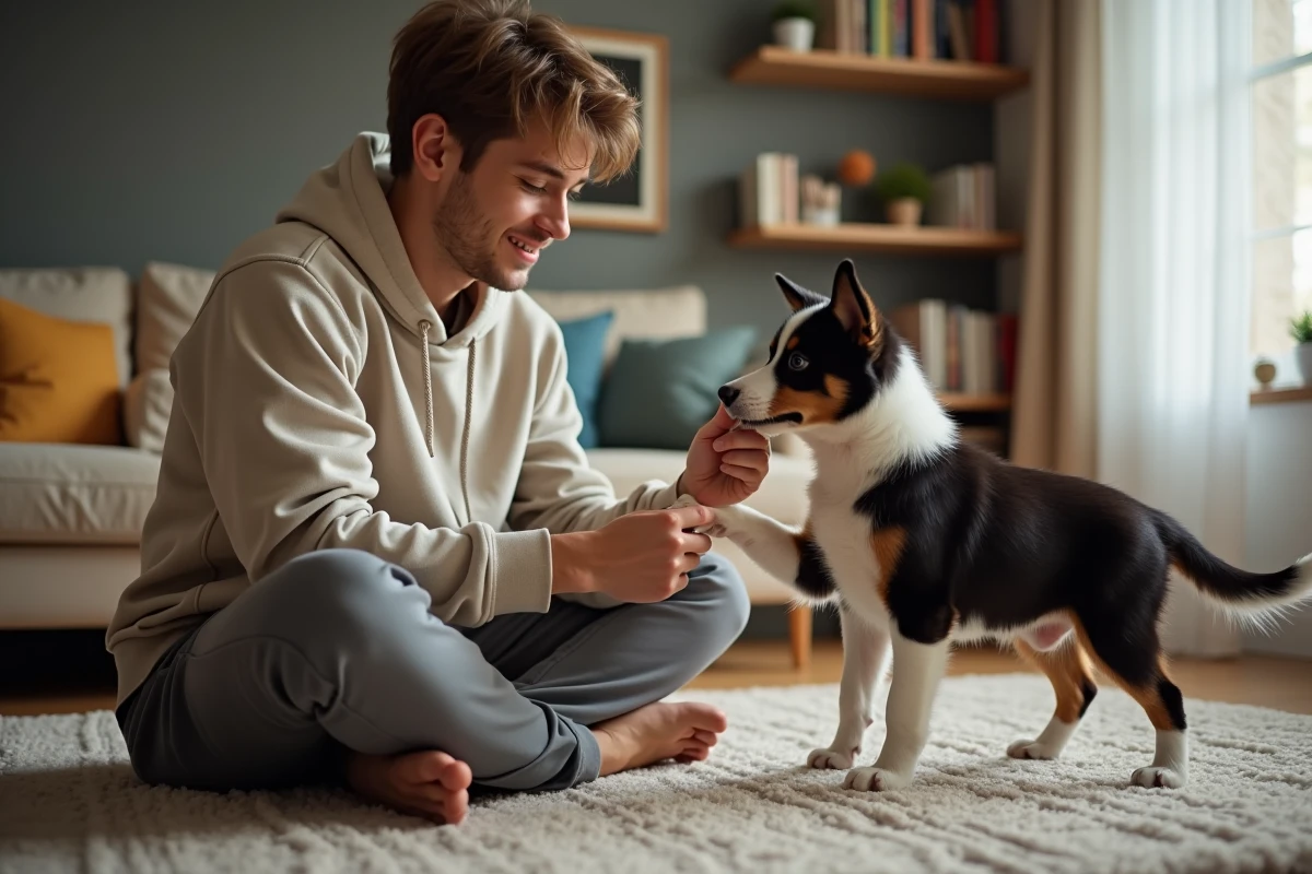 Jeune homme avec son chiot border collie à la maison