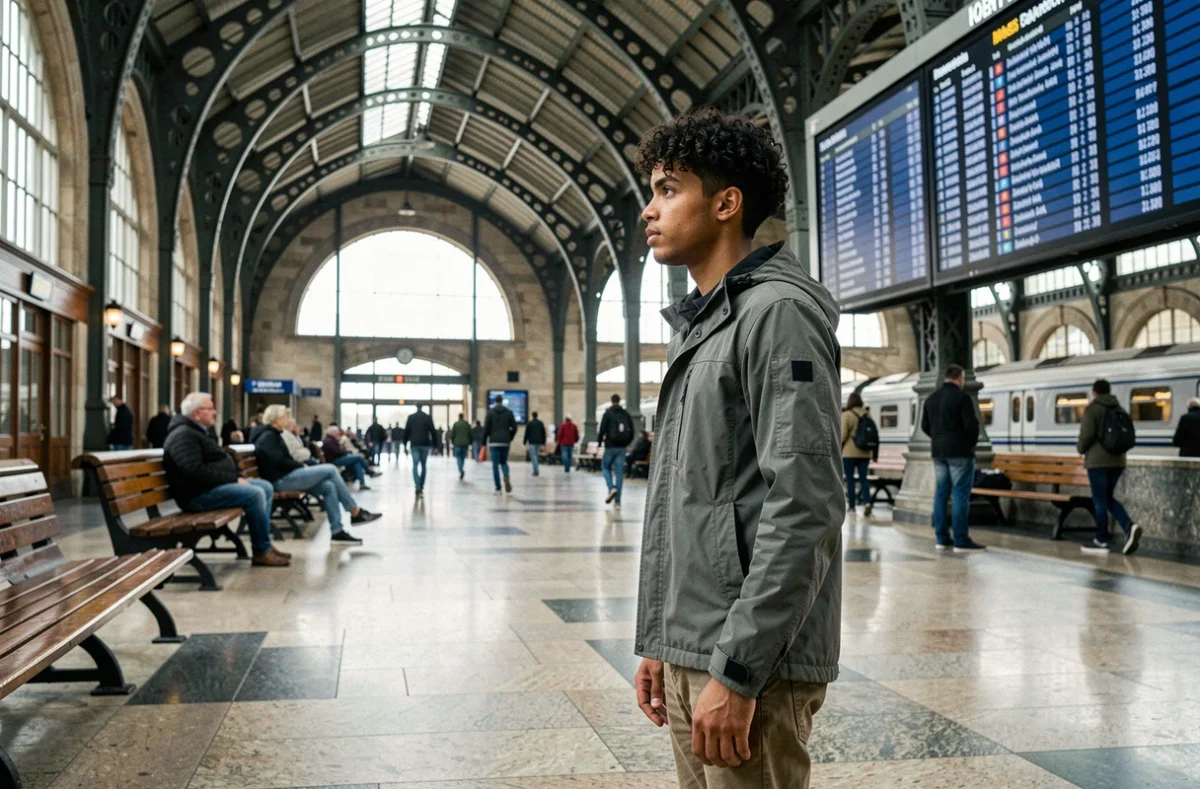 Young man in a large train station observing destinations, representing the neurological awakening triggered by travel