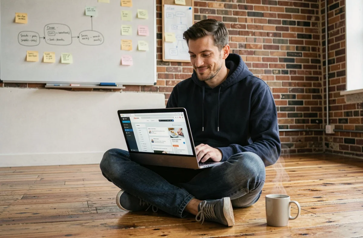 Jeune homme naviguant sur des innovations numériques avec un laptop dans un loft créatif