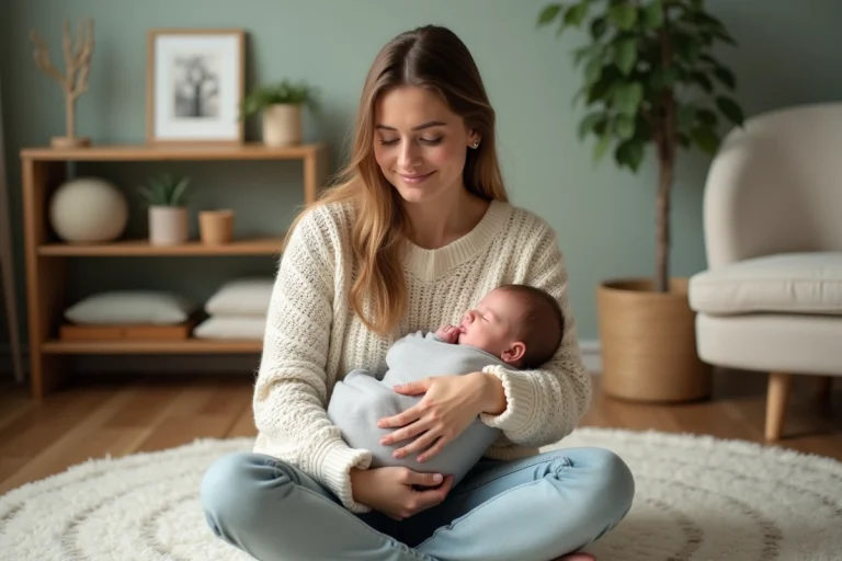 Jeune mère tenant son nouveau-né dans une chambre de bébé scandinave en bois naturel