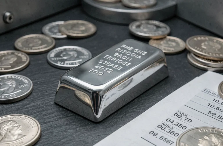 Lingot de platine poli posé sur une surface en ardoise avec des pièces et un graphique de cours imprimé, illustrant l'évolution du prix du platine en 2024