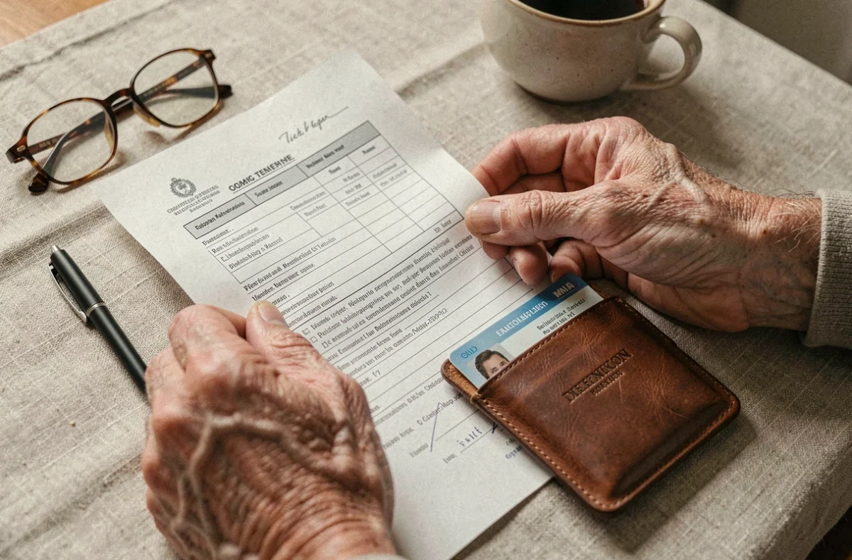 Mains d'une personne âgée tenant un formulaire administratif lié à la clôture d'un compte CPF après un décès