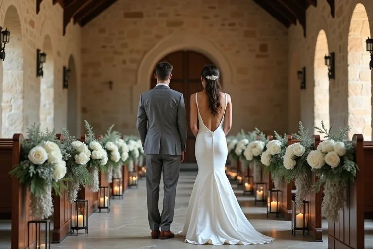 Mariés s'échangeant leurs vœux dans une chapelle en pierre décorée de pivoines blanches et de feuillage eucalyptus pour un mariage champêtre élégant