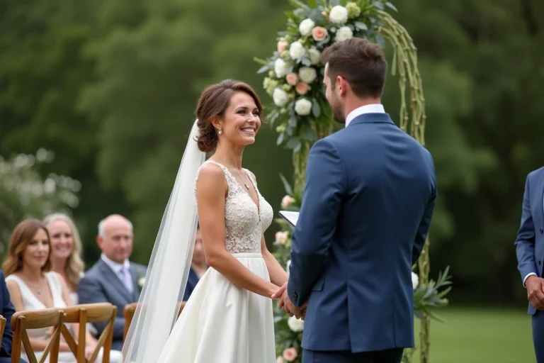 Couple souriant lors d'une cérémonie en plein air