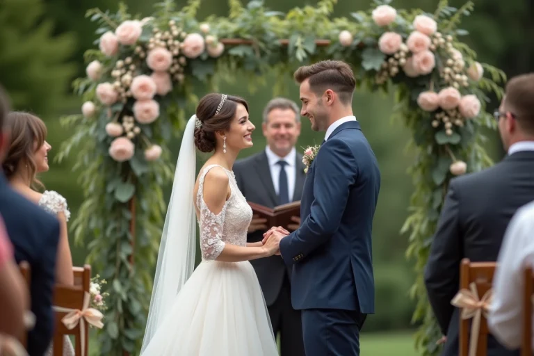 Mariage joyeux avec couple dans un jardin fleuri