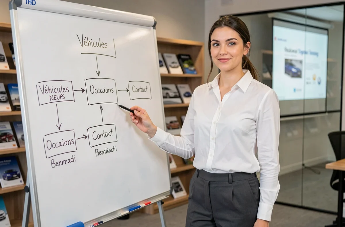 Chargée de marketing digital présentant l'architecture de navigation d'un site automobile sur un tableau blanc dans une salle de réunion