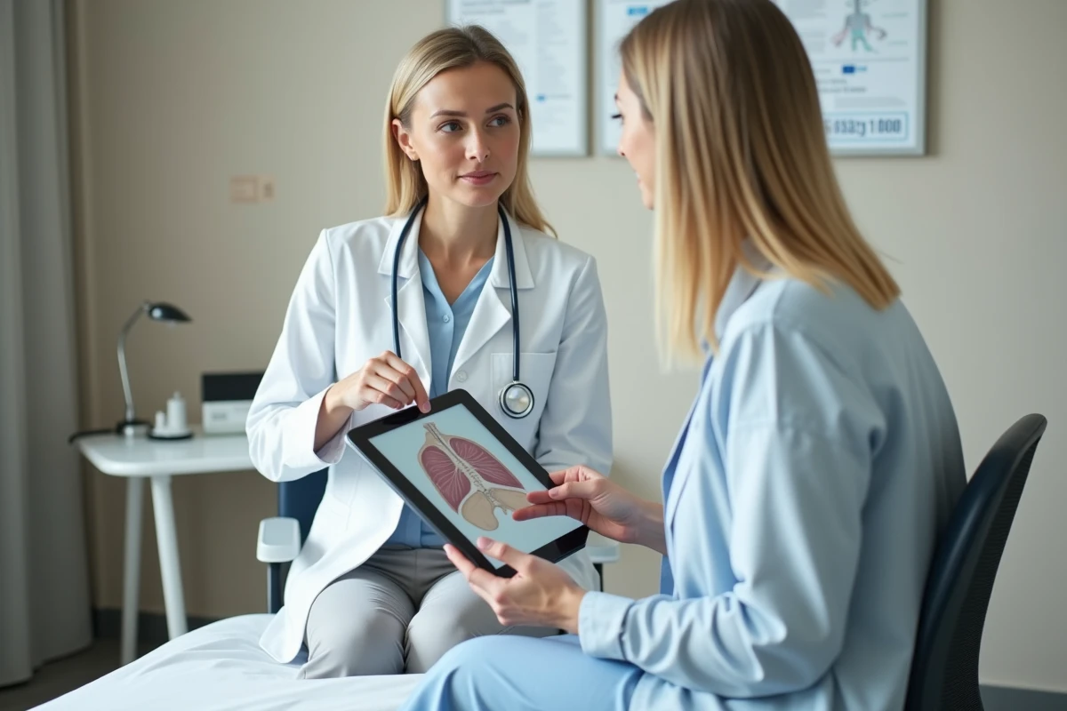 Médecin femme expliquant un schéma anatomique du sein à une patiente lors d'une consultation médicale