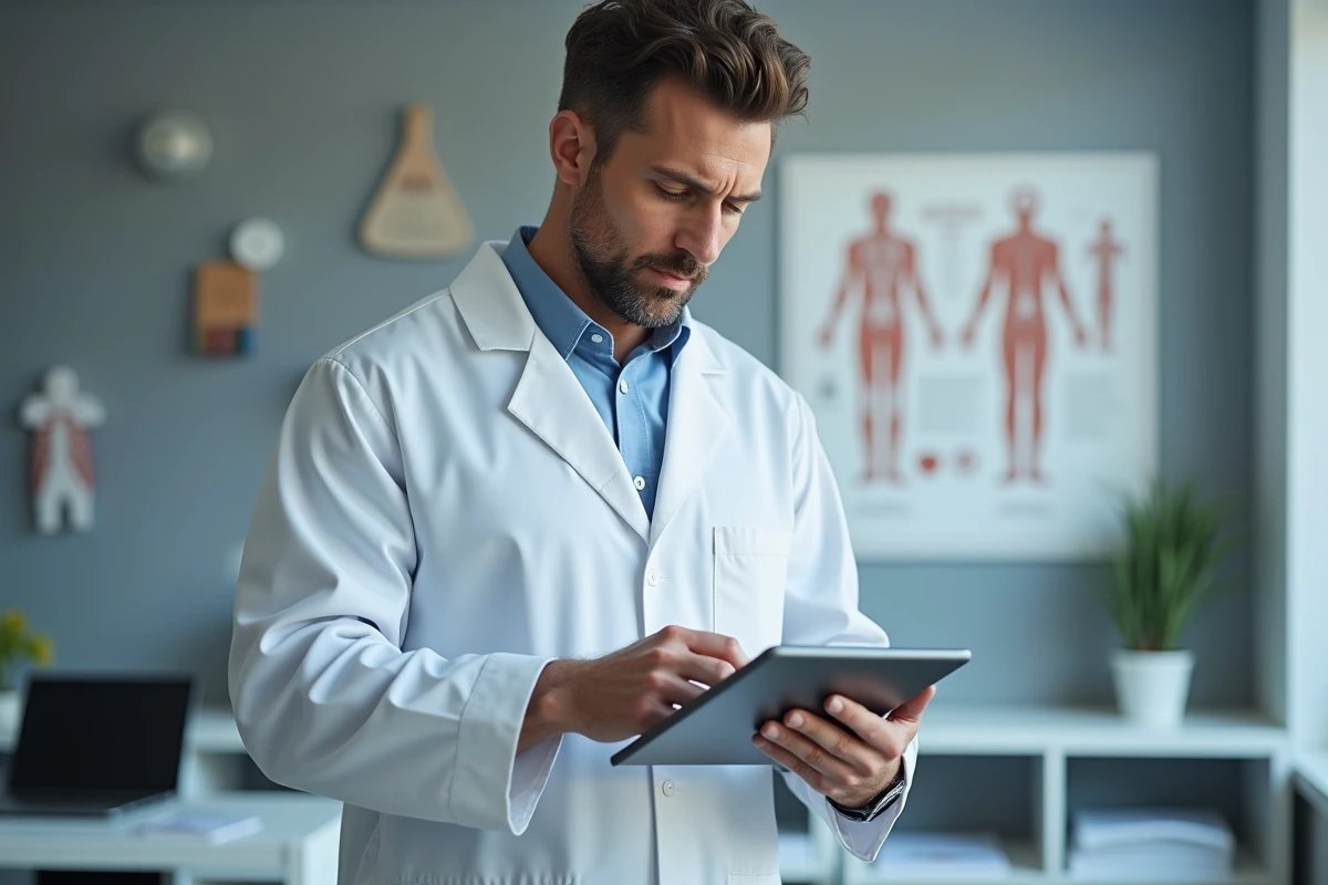 Médecin consultant une tablette numérique dans un cabinet médical moderne, représentant les avancées technologiques en santé