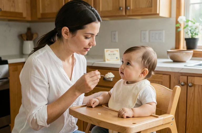 Mère donnant du fromage Kiri à la cuillère à son bébé assis dans une chaise haute en bois dans une cuisine moderne
