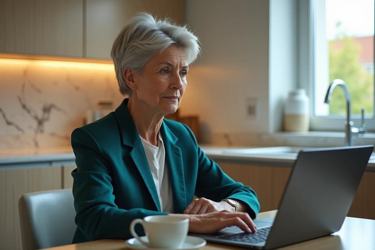Professionnelle de santé senior consultant sa messagerie Zimbra CHU Reims en télétravail depuis sa cuisine