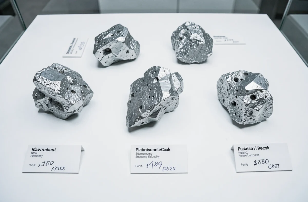 Échantillons de minerai de platine brut disposés sur une table d'exposition avec des étiquettes de prix et de pureté, représentant la valeur et les perspectives du platine