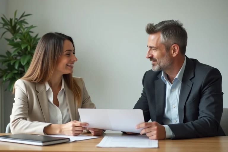 Deux parents séparés en discussion autour d'un document dans un bureau de médiation familiale, illustrant l'obligation légale de communication parentale