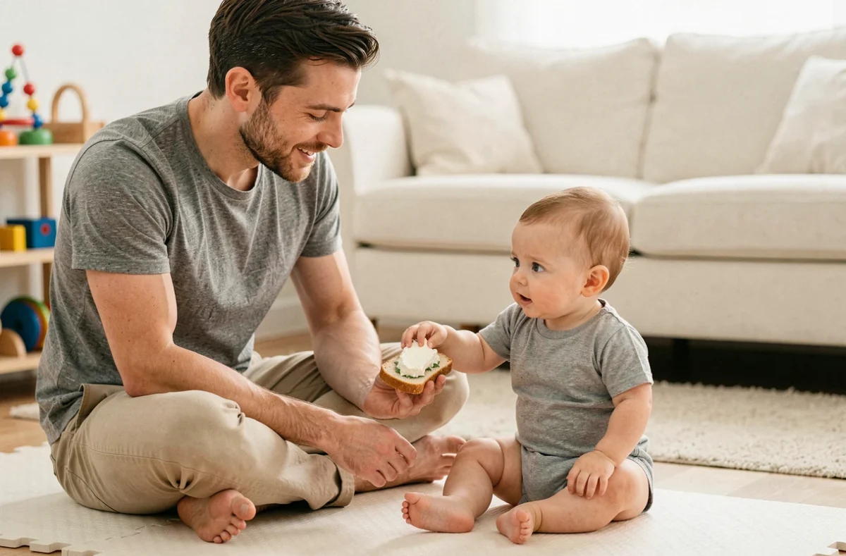 Père assis sur un tapis de jeu proposant une tartine au Kiri à son bébé dans un salon familial lumineux