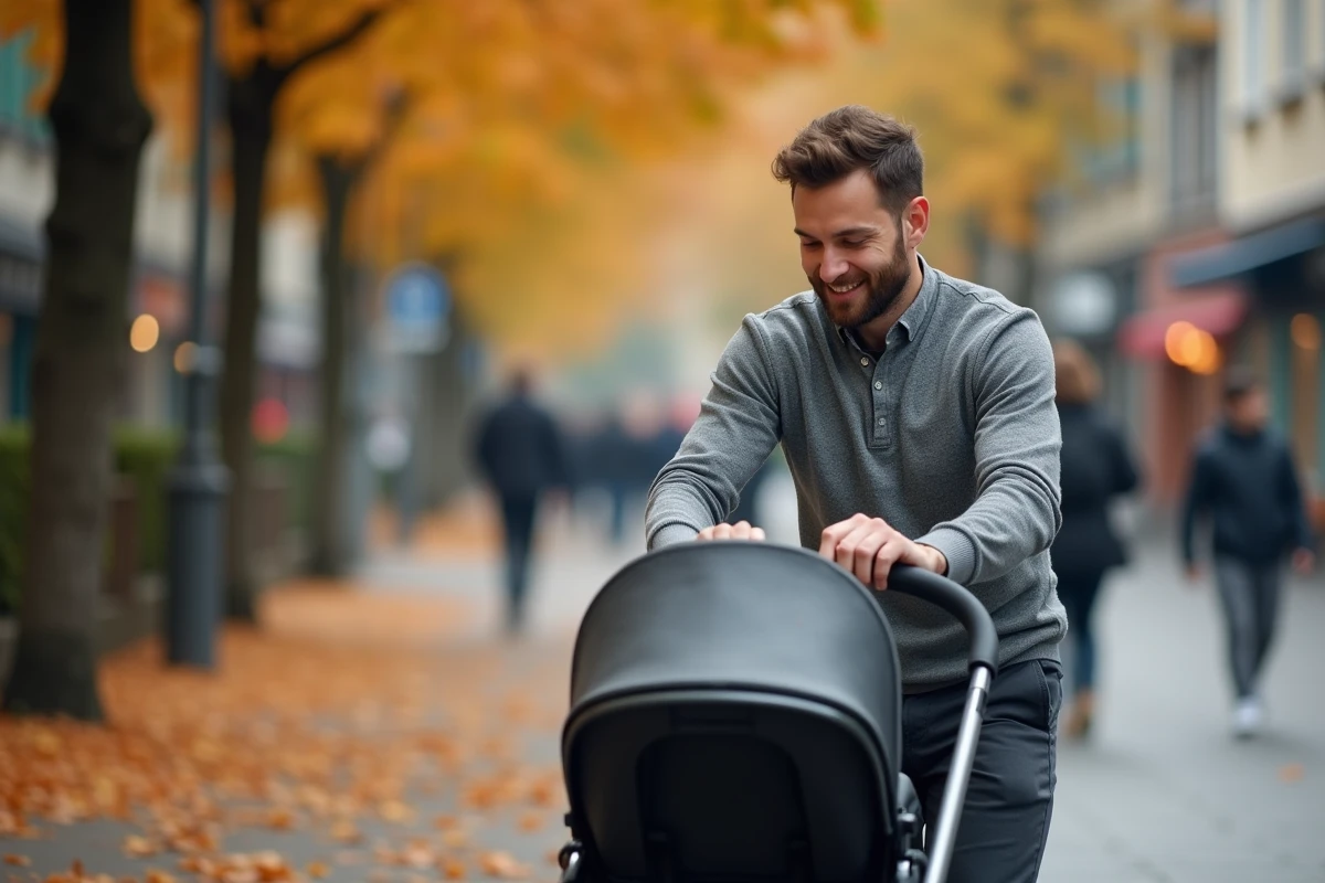 Père promenant son bébé en poussette dans une rue urbaine en automne