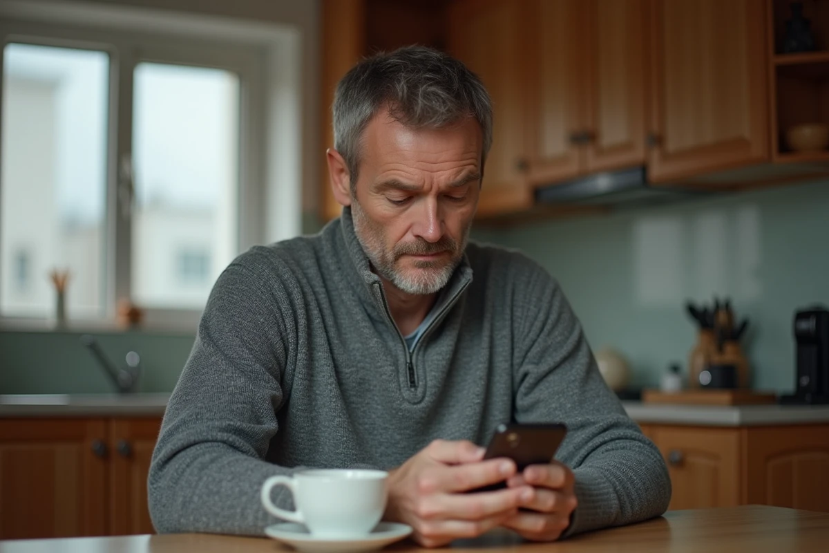 Un père séparé lisant des messages sur son téléphone concernant son enfant, évoquant la communication légale obligatoire entre parents séparés