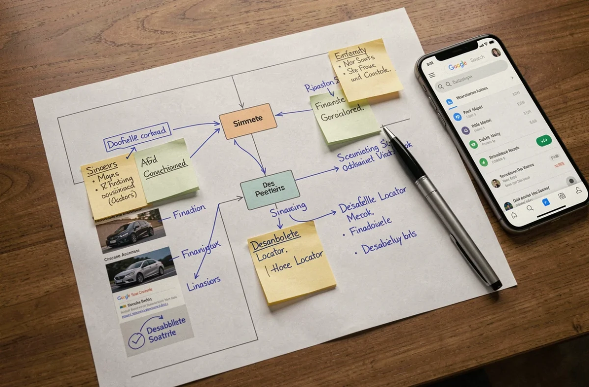 Plan de sitemap imprimé annoté pour un site de concession automobile posé sur une table de réunion avec des notes et un smartphone