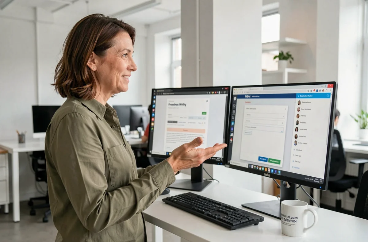 Une professionnelle en contact avec un rédacteur web via une plateforme freelance sur ordinateur au bureau