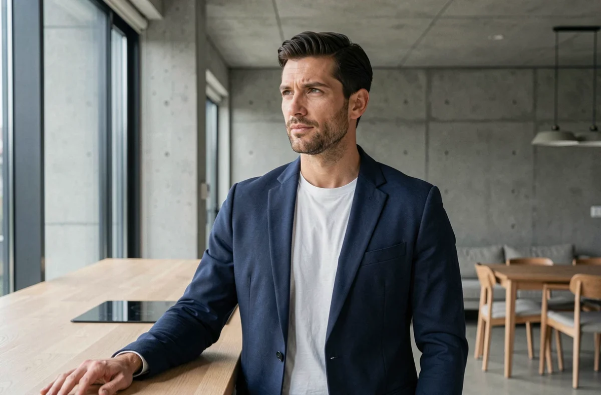 Portrait d'un homme élégant dans un appartement moderne aux murs en béton et grandes fenêtres