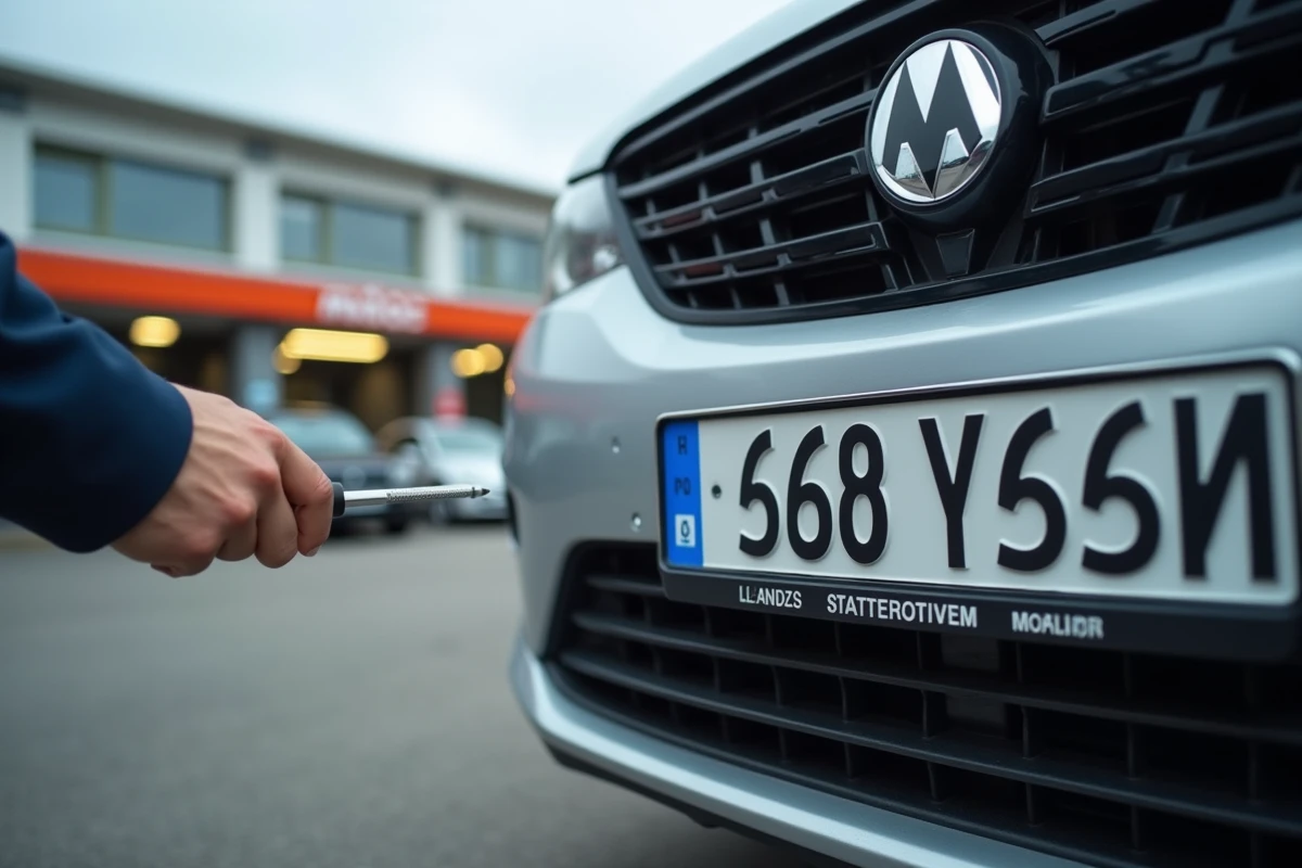 Technicien Midas fixant une plaque d'immatriculation sur un véhicule dans le parking du centre auto