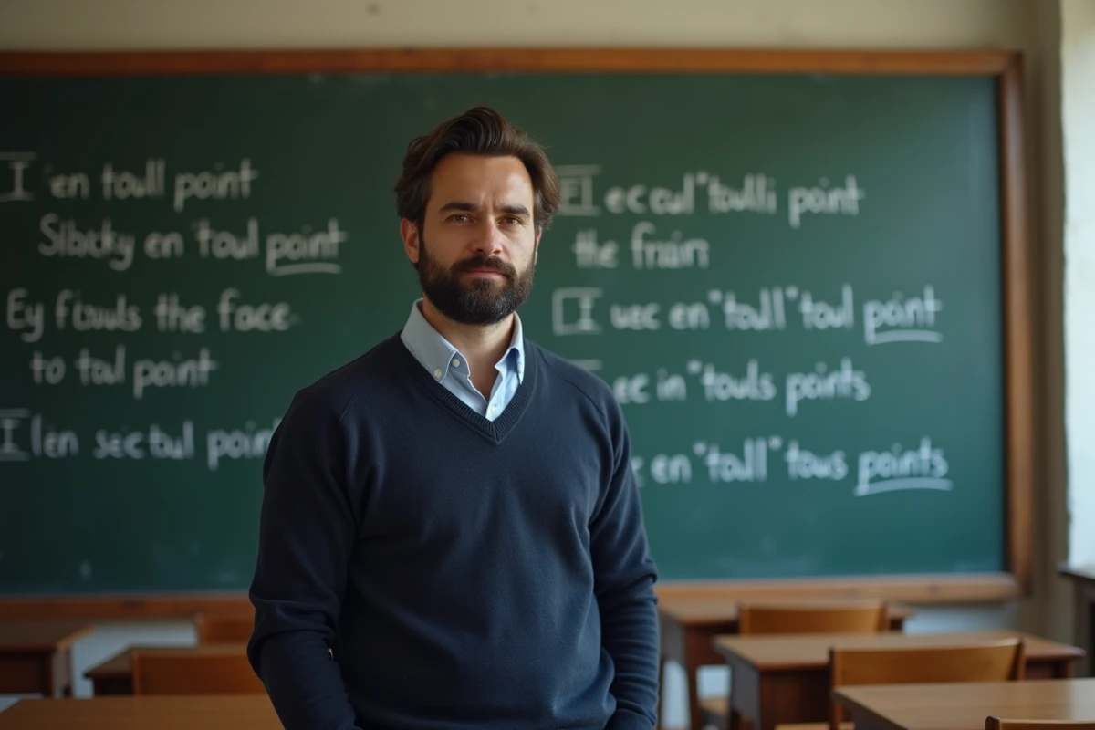 Professeur devant un tableau noir avec des exemples de grammaire française illustrant l'usage correct de 'en tout point' et 'en tous points'
