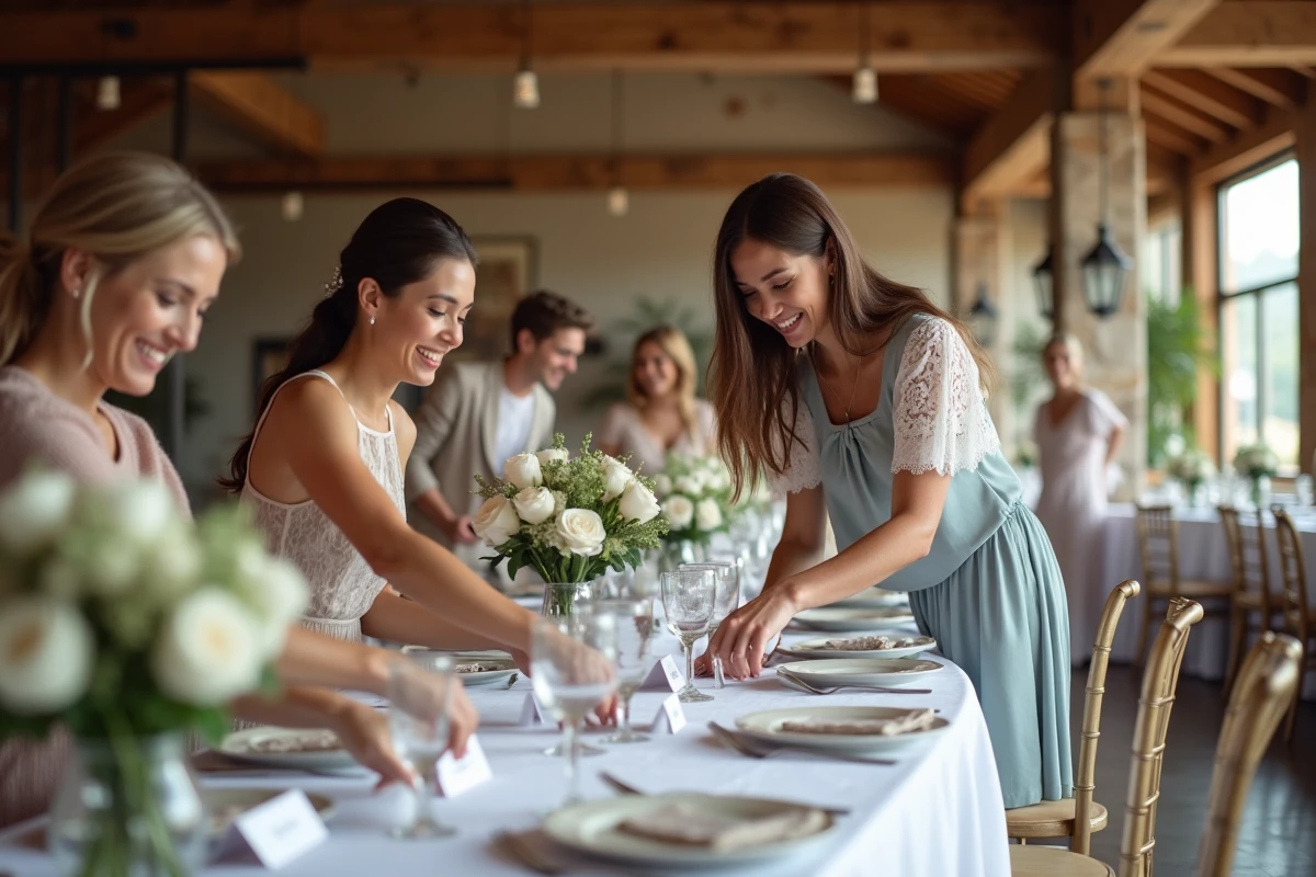 Famille et amis arrangeant une table de reception