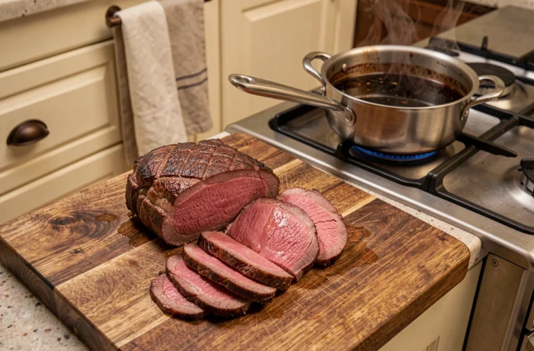 Rosbeef tranché sur planche en bois avec jus de viande dans une casserole, technique de réchauffage au bain-marie