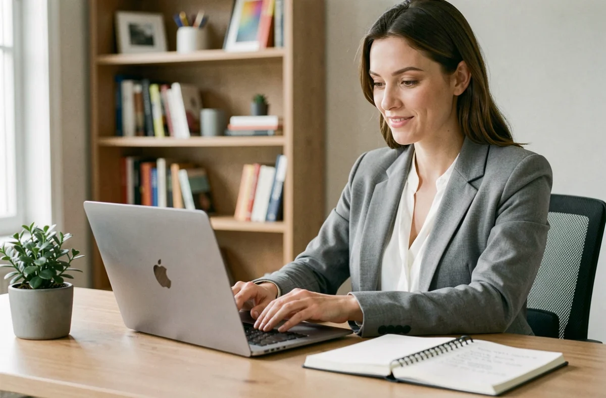 Une rédactrice web professionnelle assise à son bureau tapant un message de contact sur son ordinateur portable