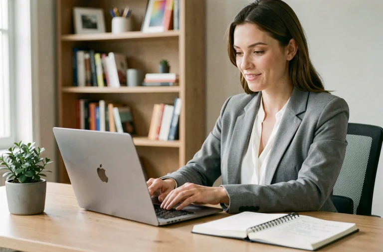 Une rédactrice web professionnelle assise à son bureau tapant un message de contact sur son ordinateur portable