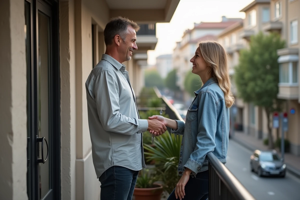 Propriétaire remettant les clés d'un appartement à une nouvelle locataire devant un immeuble résidentiel