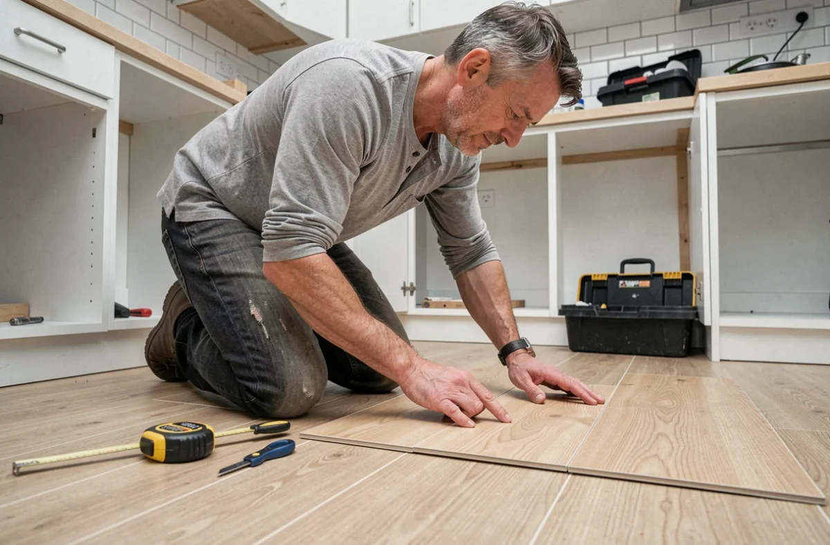 Homme posant un revêtement de sol adhésif en bois dans une cuisine lors d'une rénovation DIY