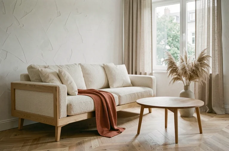Salon moderne scandinave avec canapé en bouclette crème, table basse en noyer et herbe de pampa dans un vase céramique mat