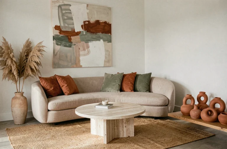 Salon contemporain décoré avec les tendances 2024 : canapé en lin beige, table basse en travertin et palette de couleurs terracotta et vert sauge