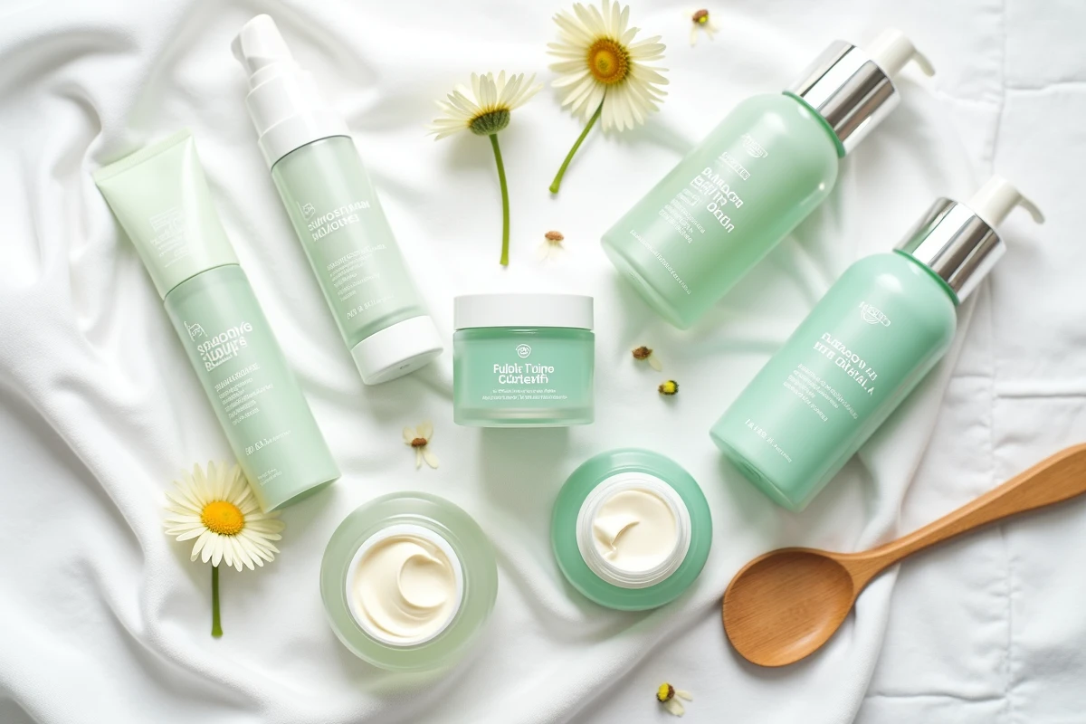 Sélection de crèmes dermatologiques recommandées présentées en flat lay avec des fleurs de camomille