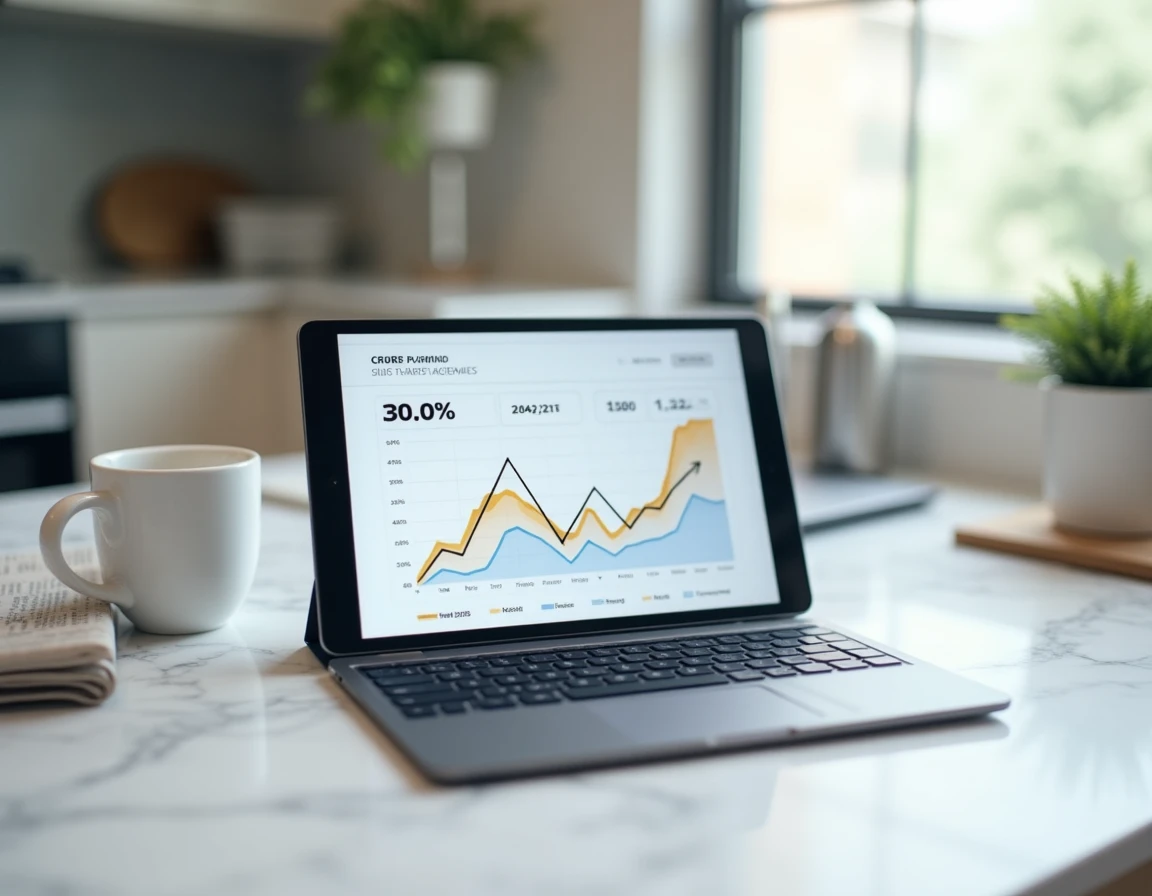 Tableau de bord d'investissement programmé affiché sur tablette posée sur un comptoir en marbre avec journal financier